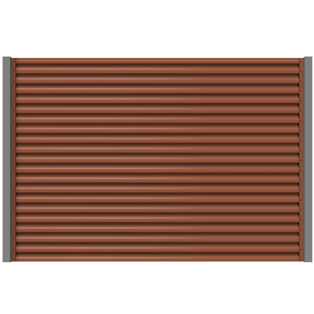 Секция забора жалюзи из ламелей еврожалюзи RAL8004 Терракотовый с металлическими столбами анфас