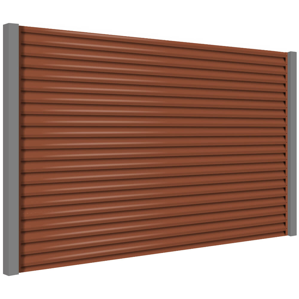 Секция забора жалюзи из ламелей еврожалюзи RAL8004 Терракотовый с металлическими столбами