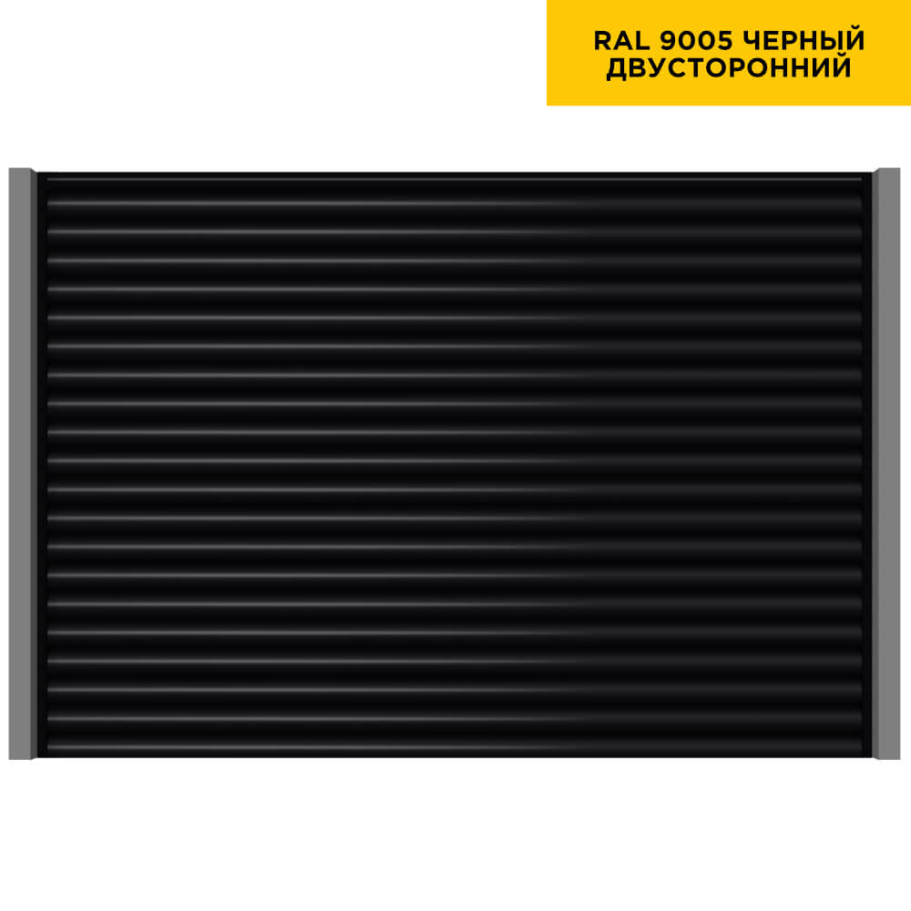 Секция забора жалюзи из ламелей еврожалюзи RAL9005 Черный с металлическими столбами анфас двусторонний