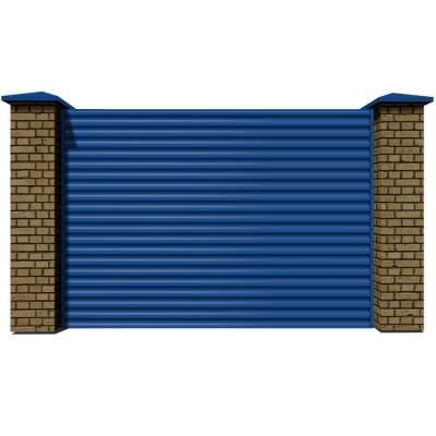 Секция забора жалюзи из ламелей еврожалюзи RAL5005 Синий Сигнал с кирпичными столбами анфас